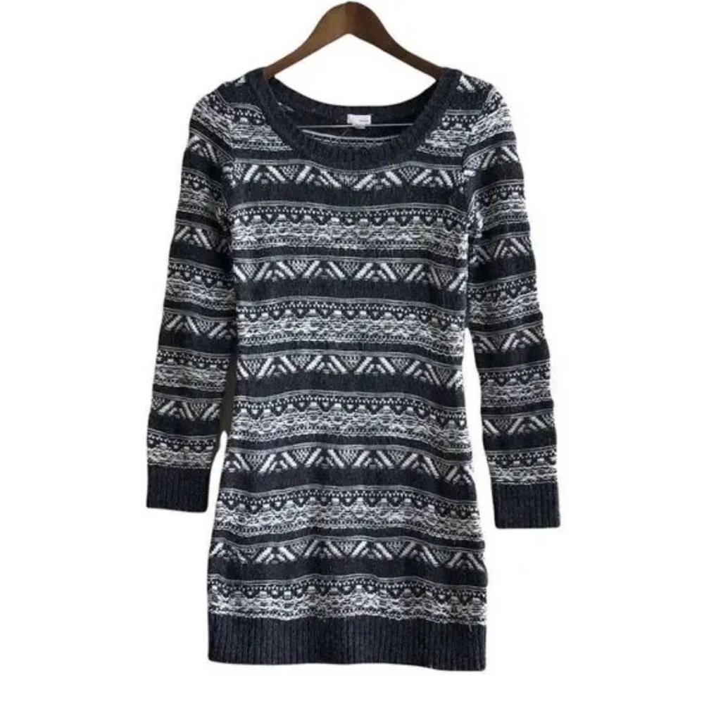 Garage Comfy Stretch Knit Stripe Scoop Neck Long Sleeve Short Mini Dress Gray